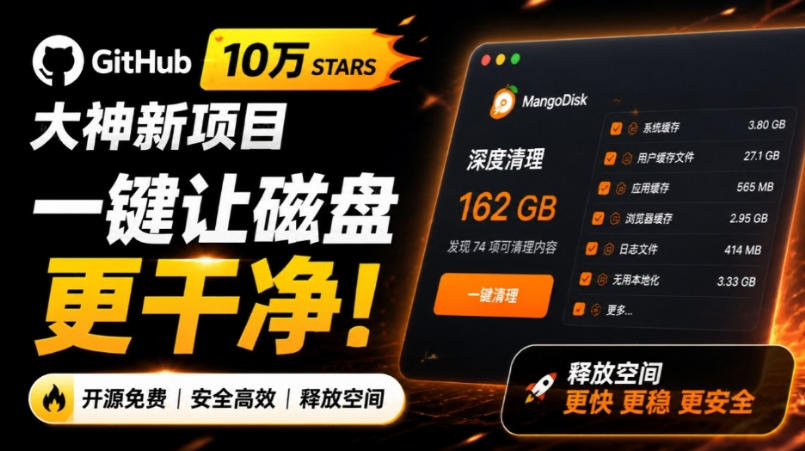 在Gtihub上做出10万stars的大神，又发布新项目了！一键让磁盘更干净，开源免费清理工具MangoDisk-鑫梵淘