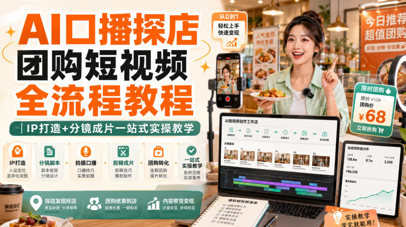 AI口播探店团购短视频全流程教程｜IP打造+分镜成片一站式实操教学-鑫梵淘