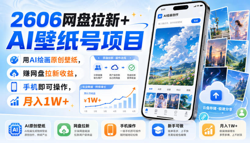 2606网盘拉新+AI壁纸号项目，用AI绘画原创壁纸，賺网盘拉新收益，手机即可操作，月入1W+-鑫梵淘