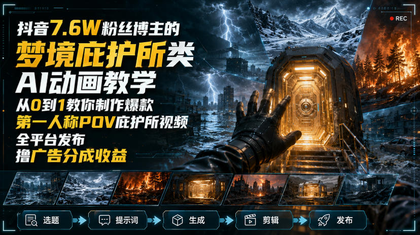 抖音7.6W粉丝博主的梦境庇护所类AI动画教学，从0到1教你制作爆款第一人称POV庇护所视频，全平台发布撸广告分成收益-鑫梵淘