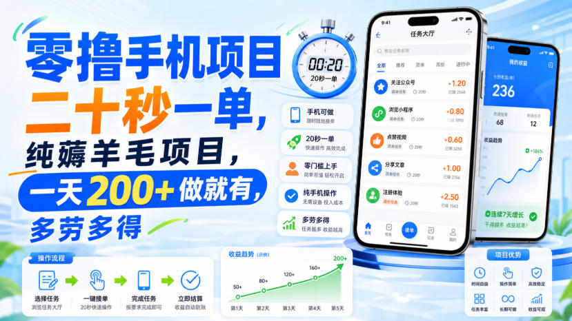 零撸手机项目，二十秒一单，纯薅羊毛项目，一天200+做就有，多劳多得【揭秘】-鑫梵淘