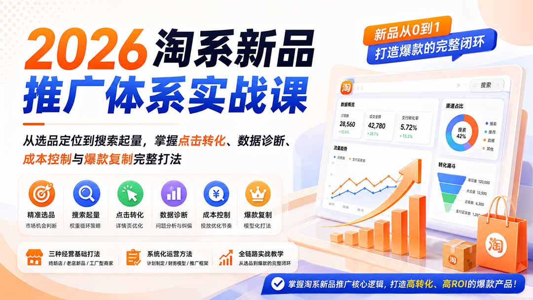 2026淘系新品推广体系实战课：从选品定位到搜索起量，掌握点击转化、数据诊断、成本控制与爆款复制完整打法-鑫梵淘