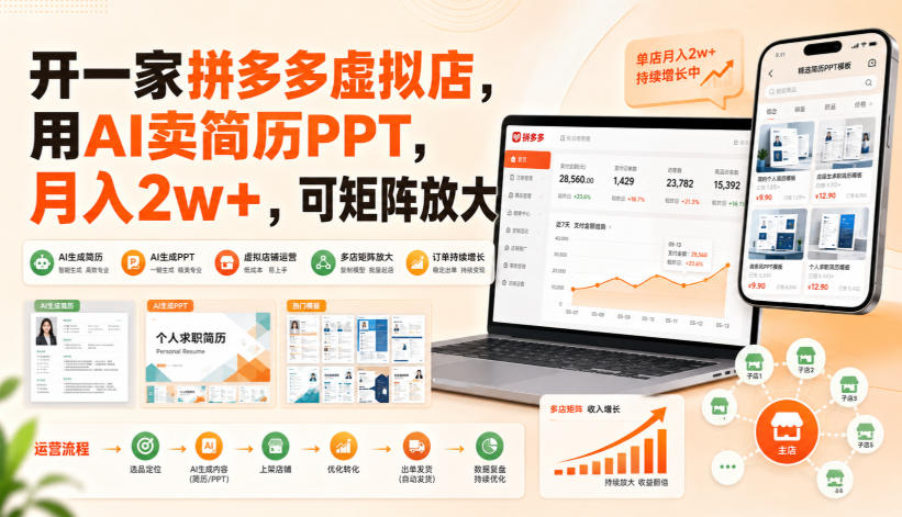 开一家拼多多虚拟店，用AI卖简历PPT，月入2w+，可矩阵放大【揭秘】-鑫梵淘