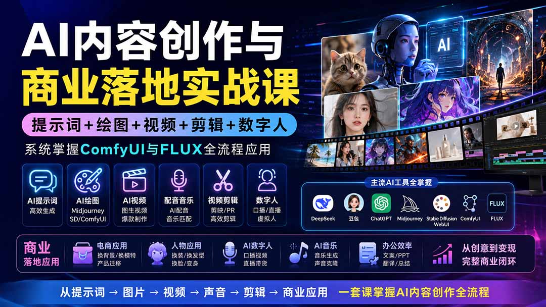 AI内容创作与商业落地实战课：提示词+绘图+视频+剪辑+数字人，系统掌握ComfyUI与FLUX全流程应用-鑫梵淘