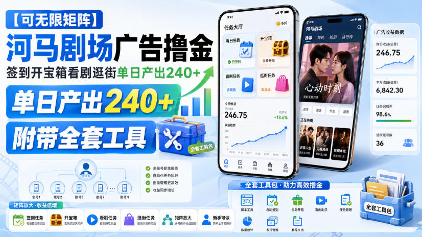【可无限矩阵】河马剧场广告撸金，签到开宝箱看剧逛街单日产出240+，附带全套工具【揭秘】-鑫梵淘