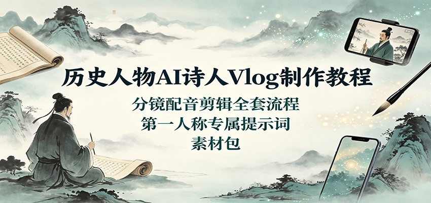 历史人物AI诗人Vlog制作教程：分镜配音剪辑全套流程，第一人称专属提示词素材包-鑫梵淘