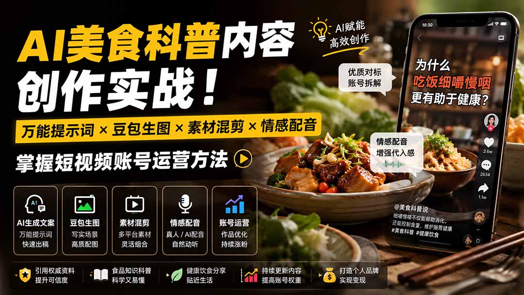 外面卖199元-AI美食科普内容创作实战！万能提示词×豆包生图×素材混剪×情感配音，掌握短视频账号运营方法-鑫梵淘