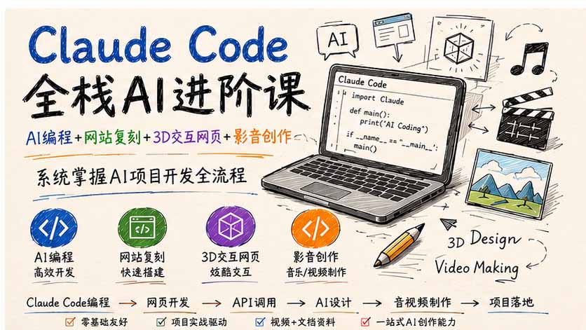 Claude Code全栈AI进阶课；AI编程+网站复刻+3D交互网页+影音创作，系统掌握AI项目开发全流程-鑫梵淘