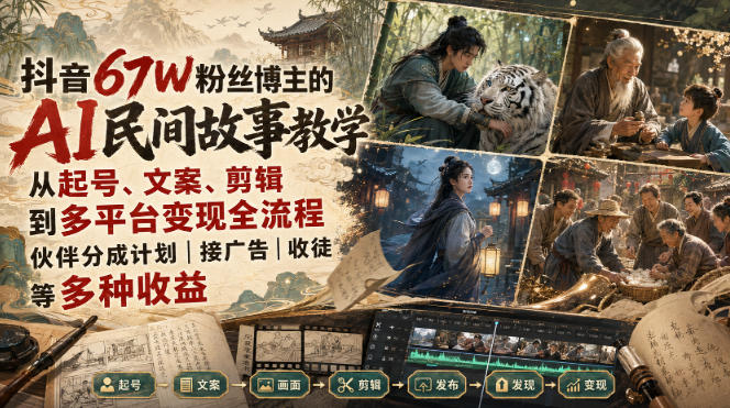 抖音67W粉丝博主的AI民间故事教学，从起号、文案、剪辑到多平台变现全流程，伙伴分成计划接广告等多种收益，月入1W+-鑫梵淘
