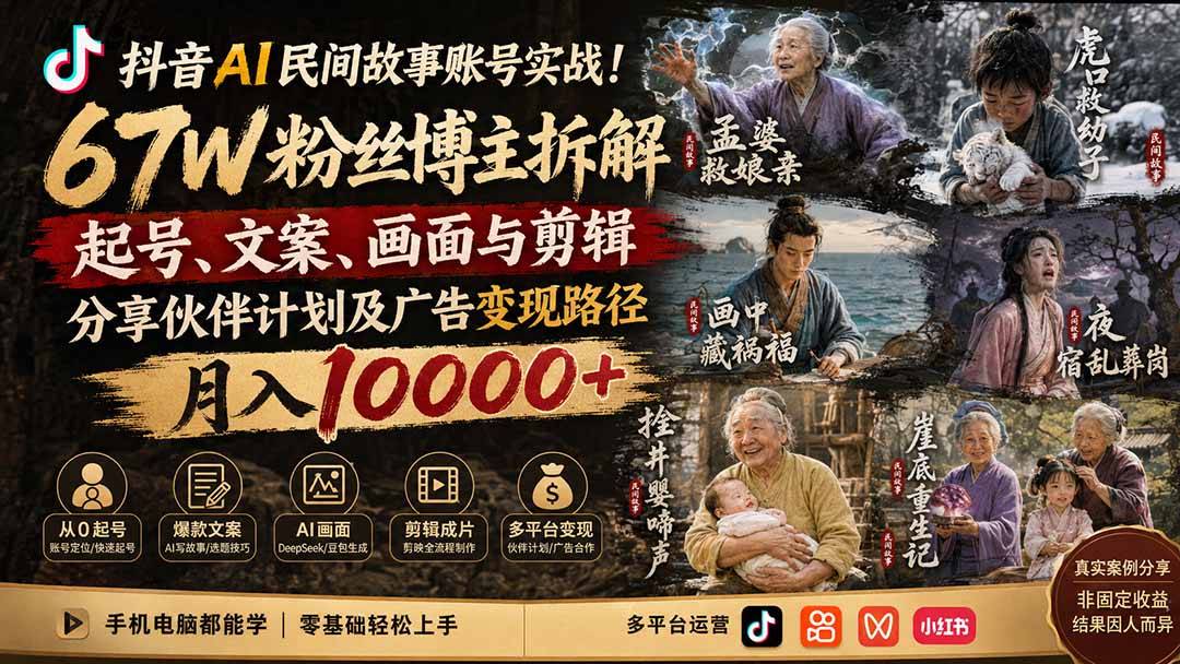 抖音AI民间故事账号实战！67W粉丝博主拆解起号、文案、画面与剪辑，分享伙伴计划及广告变现路径，月入10000+-鑫梵淘