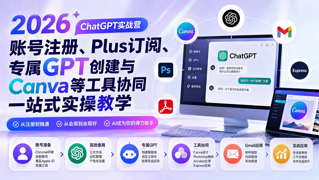 2026 ChatGPT实战营；账号注册、Plus订阅、专属GPT创建与Canva等工具协同一站式实操教学-鑫梵淘