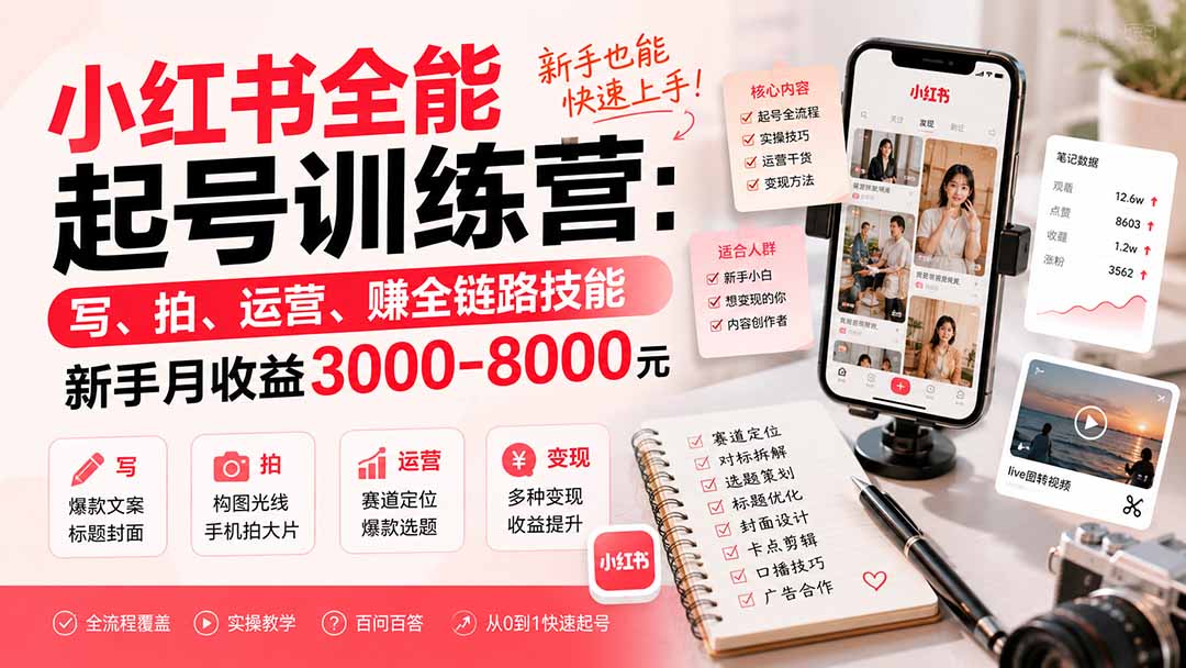 小红书全能起号训练营-更新：写、拍、运营、赚全链路技能，新手月收益3000-8000元-鑫梵淘