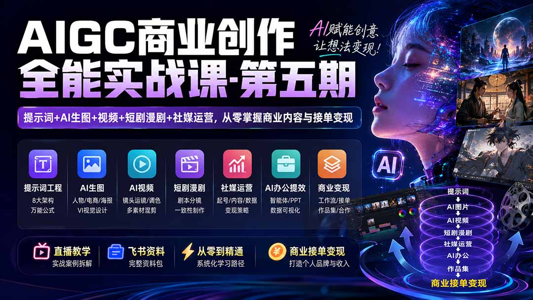 AIGC商业创作全能实战课-第五期：提示词+AI生图+视频+短剧漫剧+社媒运营，从零掌握商业内容与接单变现-鑫梵淘