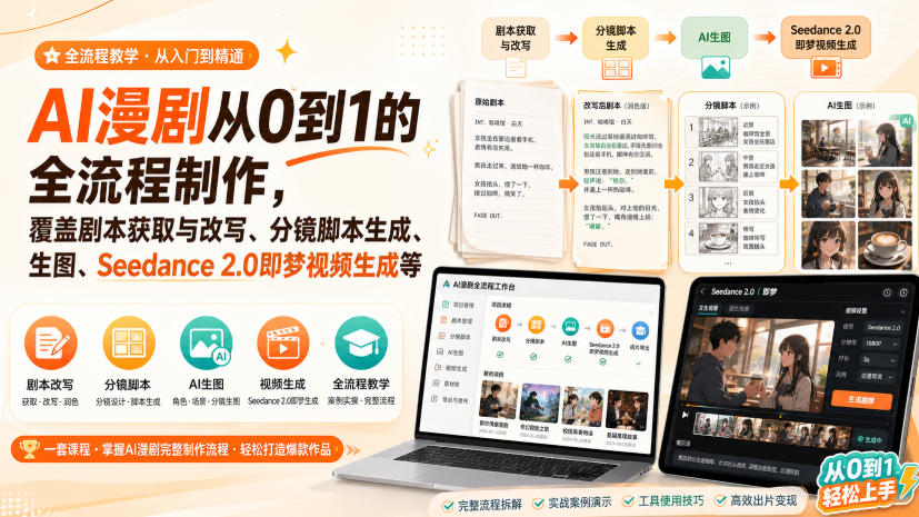 AI漫剧从0到1的全流程制作，覆盖剧本获取与改写、分镜脚本生成、角色场景生图与三视图、Seedance 2.0即梦视频生成(PDF版)-鑫梵淘