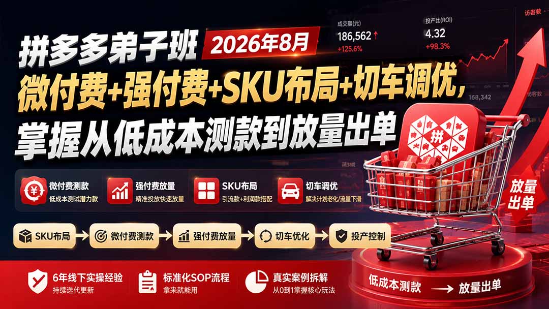 拼多多弟子班2026年8月：微付费+强付费+SKU布局+切车调优，掌握从低成本测款到放量出单-鑫梵淘