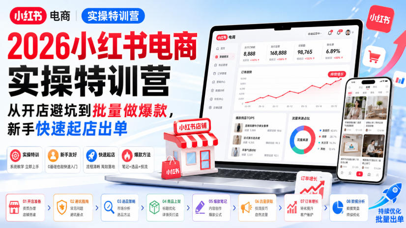 2026小红书电商实操特训营，从开店避坑到批量做爆款，新手快速起店出单-鑫梵淘