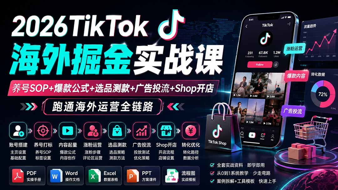 2026TikTok海外掘金实战课——养号SOP+爆款公式+选品测款+广告投流+Shop开店，跑通海外运营全链路-鑫梵淘