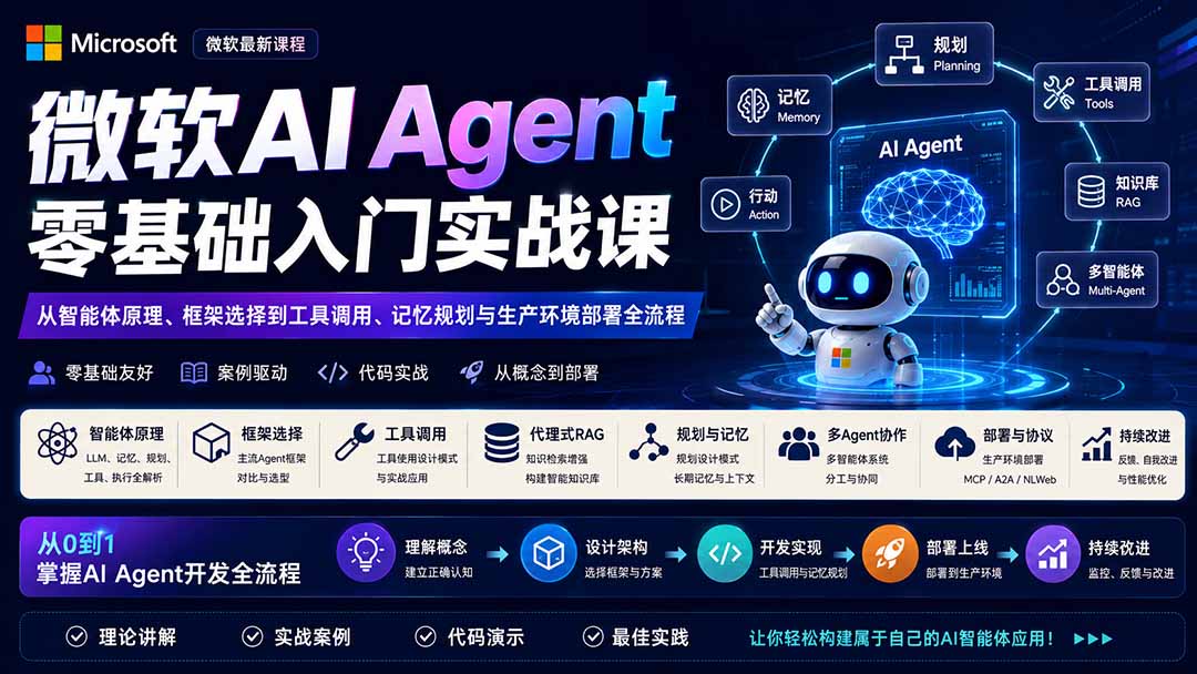 微软AI Agent零基础入门实战课：从智能体原理、框架选择到工具调用、记忆规划与生产环境部署全流程-鑫梵淘