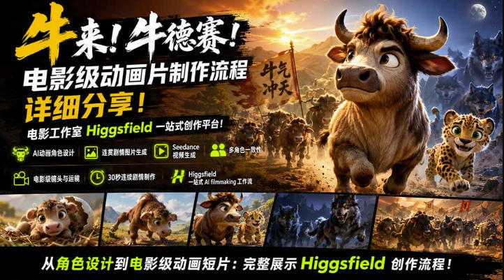 牛来！牛德赛！电影级动画片制作流程详细分享！电影工作室Higgsfield一站式创作平台，完整创作流程-鑫梵淘