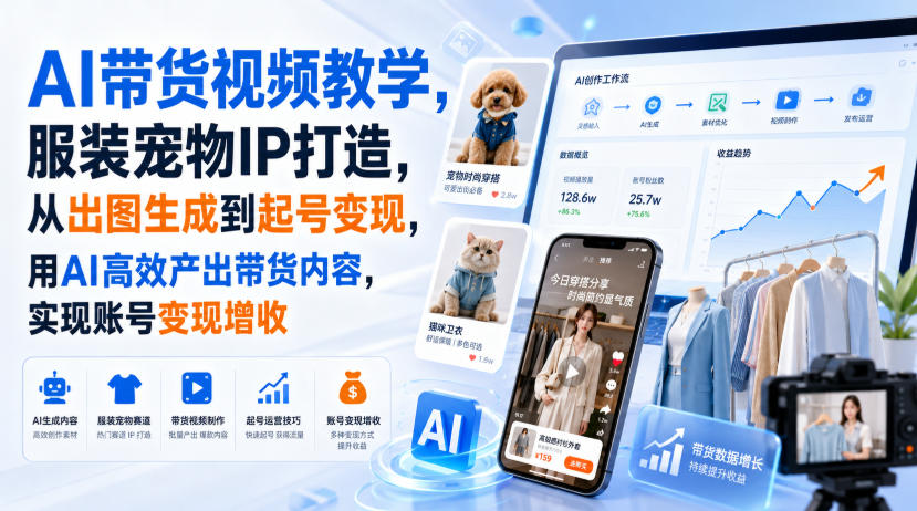 AI带货视频教学，服装宠物IP打造，从出图生成到起号变现，用AI高效产出带货内容，实现账号变现增收-鑫梵淘
