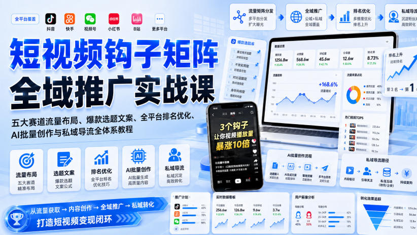短视频钩子矩阵全域推广实战课｜五大赛道流量布局、爆款选题文案、全平台排名优化、AI批量创作与私域导流全体系教程-鑫梵淘