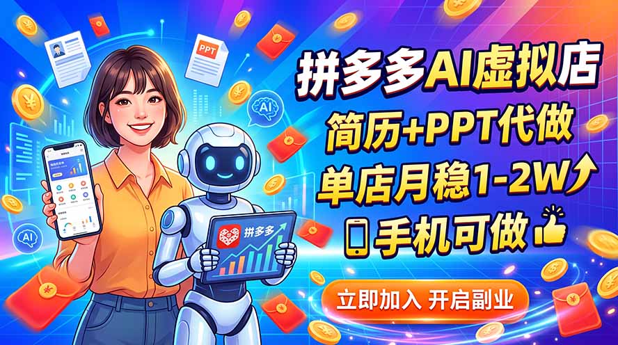拼多多AI虚拟店，简历+PPT代做，单店月稳1-2W，手机可做-鑫梵淘