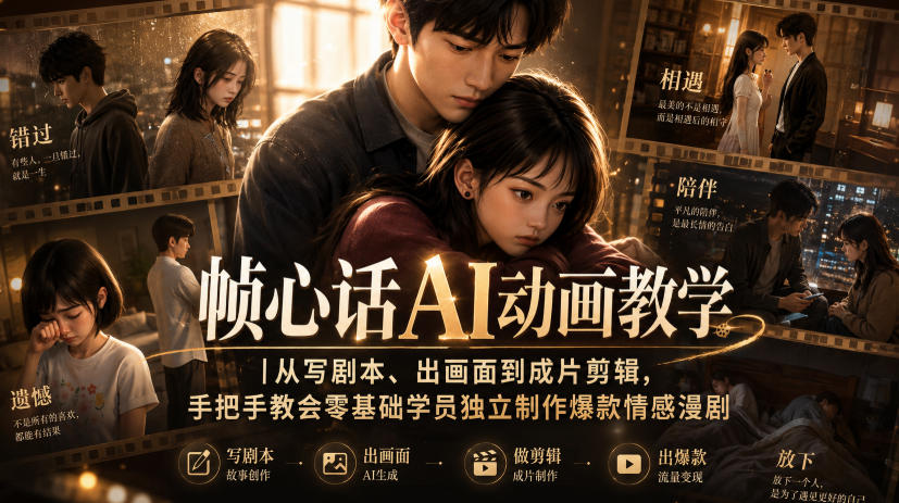 帧心话AI动画教学｜从写剧本、出画面到成片剪辑，手把手教会零基础学员独立制作爆款情感漫剧-鑫梵淘