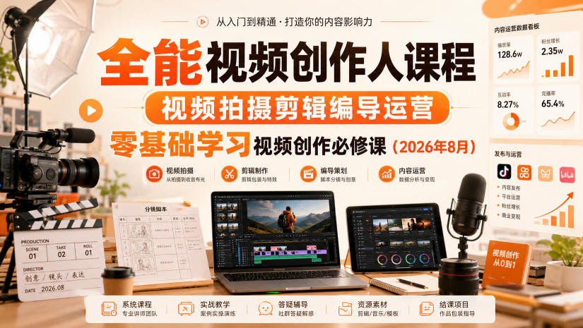 全能视频创作人课程，视频拍摄剪辑编导运营，零基础学习视频创作必修课(2026年8月)-鑫梵淘
