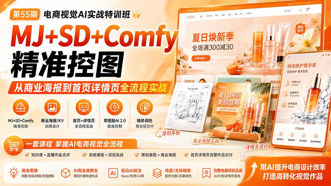 电商视觉 AI实战训练营第55期：MJ+SD+Comfy精准控图，从商业海报到首页详情页全流程实战-鑫梵淘