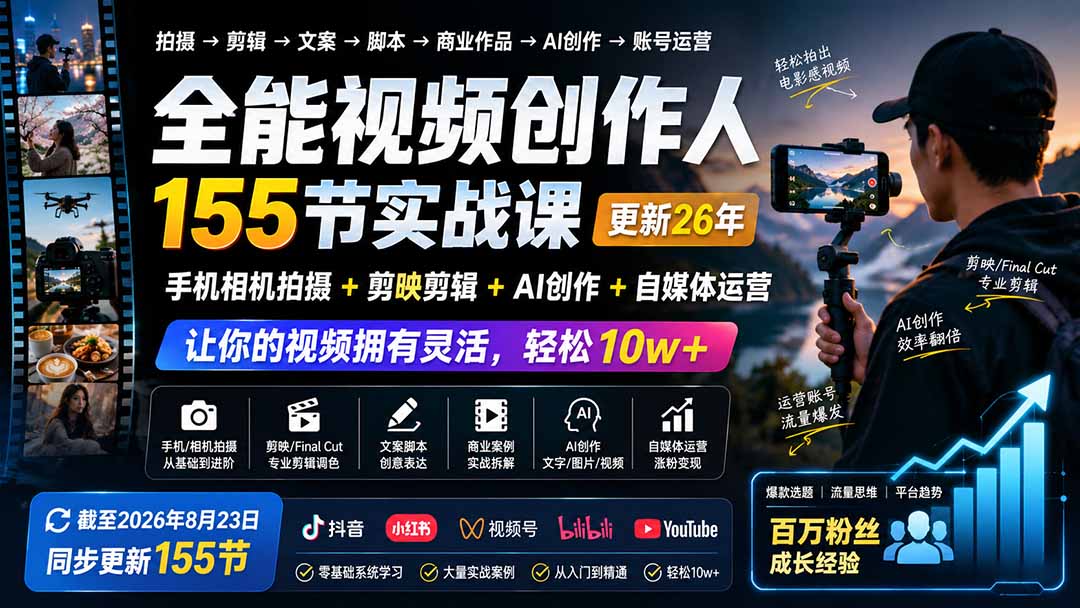 全能视频创作人155节实战课-更新26年8月：手机相机拍摄+剪映剪辑+AI创作+自媒体运营，让你的视频拥有灵活，轻松10w-鑫梵淘