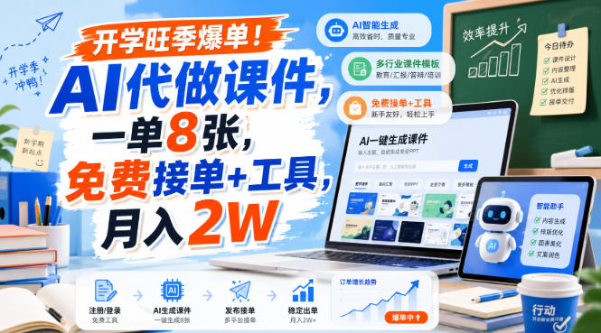 开学旺季爆单！AI代做课件，一单8张，免费接单+工具，月入2W【揭秘】-鑫梵淘