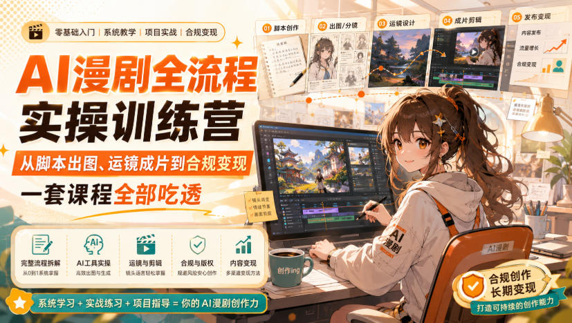 AI漫剧全流程实操训练营，从脚本出图、运镜成片到合规变现，一套课程全部吃透-鑫梵淘
