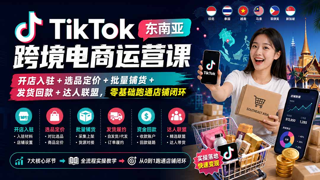 TikTok东南亚跨境电商运营课：开店入驻+选品定价+批量铺货+发货回款+达人联盟，零基础跑通店铺闭环-鑫梵淘