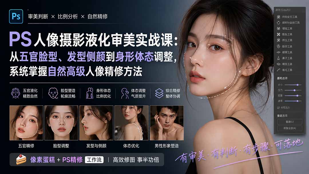 PS人像摄影液化审美实战课：从五官脸型、发型侧颜到身形体态调整，系统掌握自然高级人像精修方法-鑫梵淘