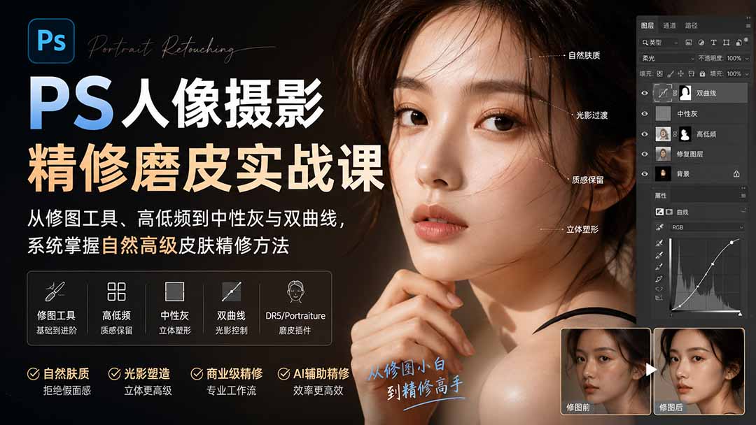 PS人像摄影精修磨皮实战课：从修图工具、高低频到中性灰与双曲线，系统掌握自然高级皮肤精修方法-鑫梵淘