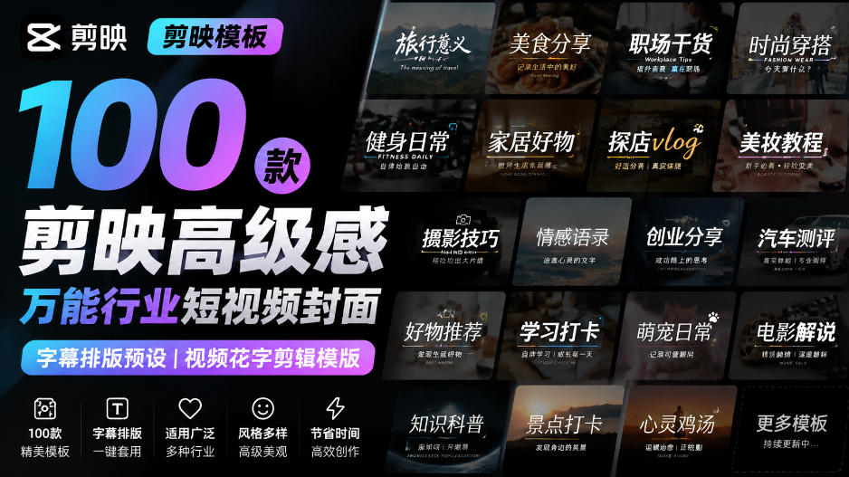 【剪映模板】100款剪映高级感万能行业短视频封面字幕排版预设视频花字剪辑模版-鑫梵淘