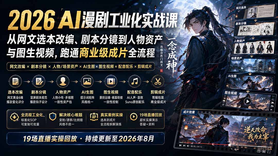 2026 AI漫剧工业化实战课-更新：从网文选本改编、剧本分镜到人物资产与图生视频，跑通商业级成片全流程-鑫梵淘