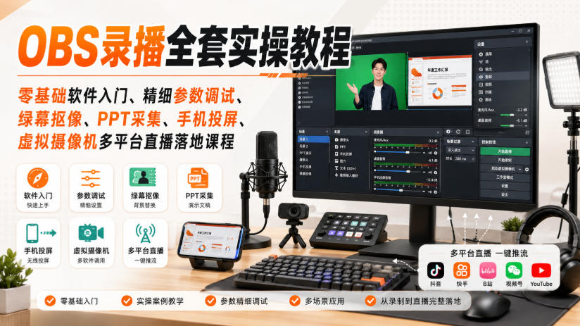 OBS录播全套实操教程｜零基础软件入门、精细参数调试、绿幕抠像、手机投屏、虚拟摄像机多平台直播落地课程-鑫梵淘