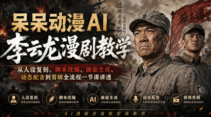 呆呆动漫AI李云龙漫剧教学，从人设复刻、脚本改编、画面生成、动态配音到剪辑全流程一节课讲透-鑫梵淘