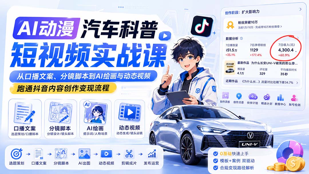 AI动漫汽车科普短视频实战课：从口播文案、分镜脚本到AI绘画与动态视频，跑通抖音内容创作变现流程-鑫梵淘