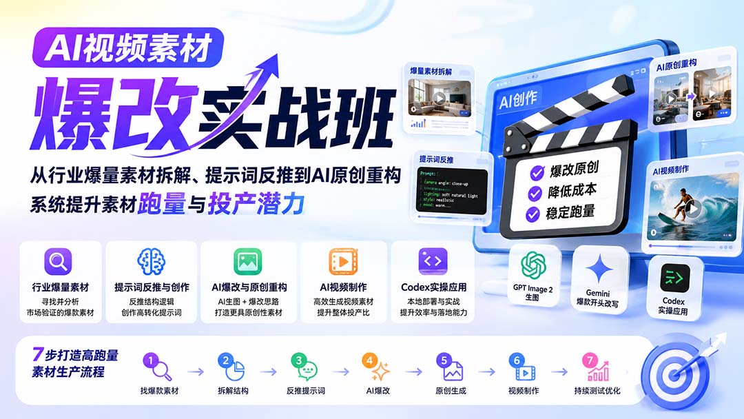 AI视频素材爆改实战班-更新8月：从行业爆量素材拆解、提示词反推到AI原创重构，系统提升素材跑量与投产潜力-鑫梵淘