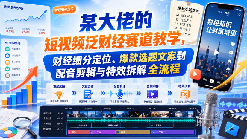某大佬的短视频泛财经赛道教学，财经细分定位、爆款选题文案到配音剪辑与特效拆解全流程-鑫梵淘
