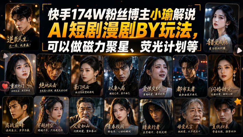 快手174W粉丝博主小瑜解说AI短剧漫剧搬运玩法，可以做磁力聚星、荧光计划等-鑫梵淘