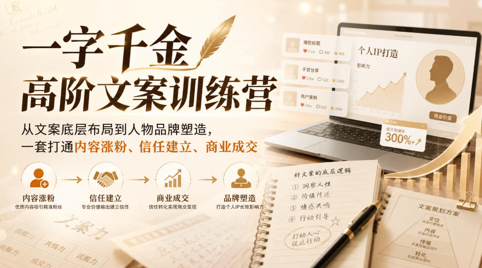 一字千金高阶文案训练营，从文案底层布局到人物品牌塑造，一套打通内容涨粉、信任建立、商业成交-鑫梵淘