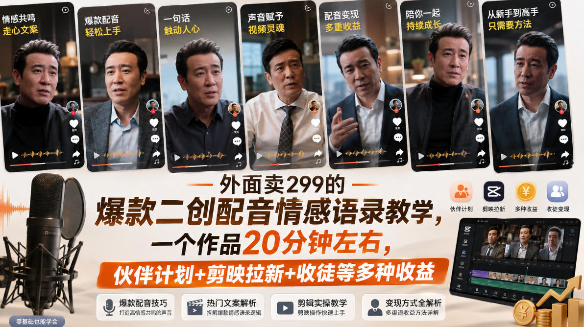 外面卖299的爆款二创配音情感语录教学，一个作品20分钟左右，伙伴计划+剪映拉新+收徒等多种收益-鑫梵淘