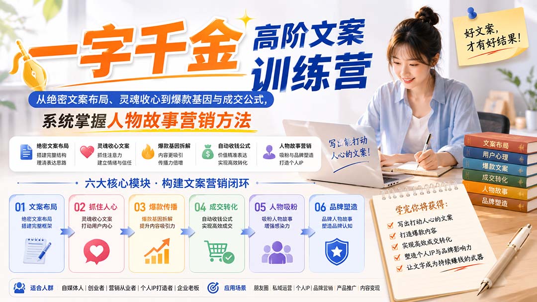 一字千金高阶文案训练营：从绝密文案布局、灵魂收心到爆款基因与成交公式，系统掌握人物故事营销方法-鑫梵淘