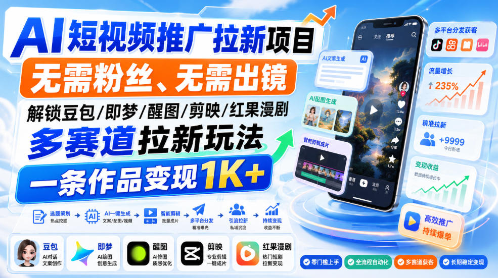 AI短视频推广拉新项目，无需粉丝、无需出镜，解锁豆包/即梦/醒图/剪映/红果漫剧多赛道拉新玩法，一条作品变现1K+-鑫梵淘
