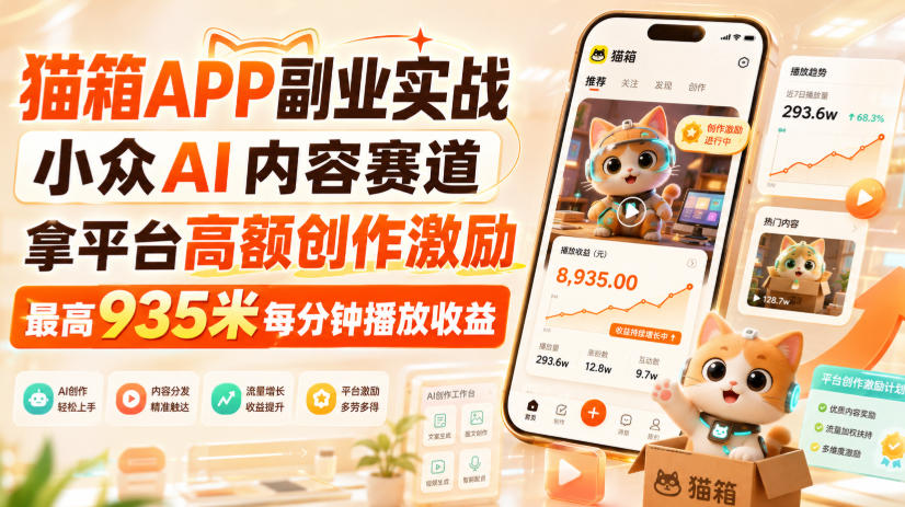 猫箱APP副业实战，小众AI内容赛道，拿平台高额创作激励，最高935米每分钟播放收益-鑫梵淘