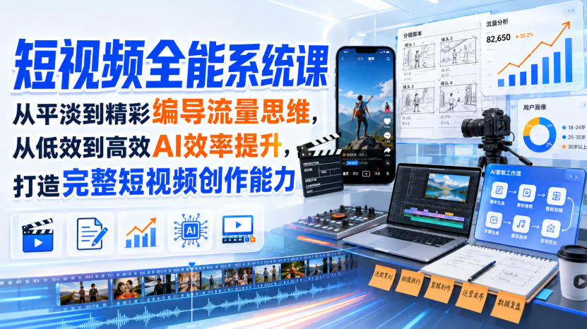 短视频全能系统课，从平淡到精彩编导流量思维，从低效到高效AI效率提升，打造完整短视频创作能力(2026年8月30更新233集)-鑫梵淘