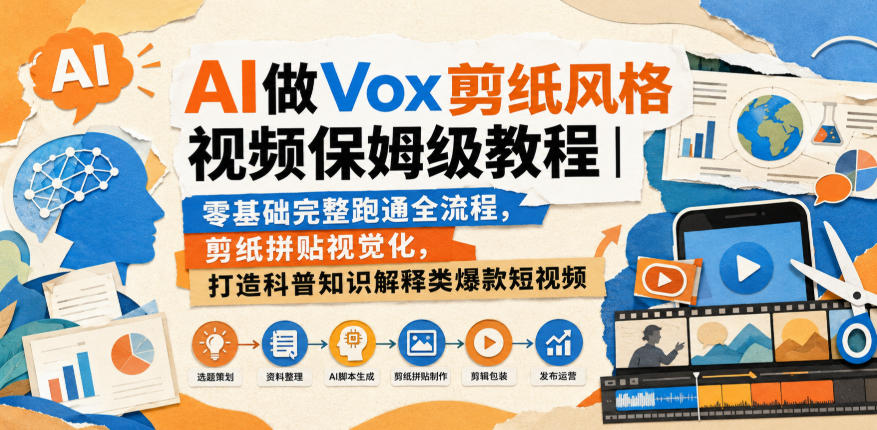 AI做Vox剪纸风格视频保姆级教程｜零基础完整跑通全流程，剪纸拼贴视觉化，打造科普知识解释类爆款短视频-鑫梵淘